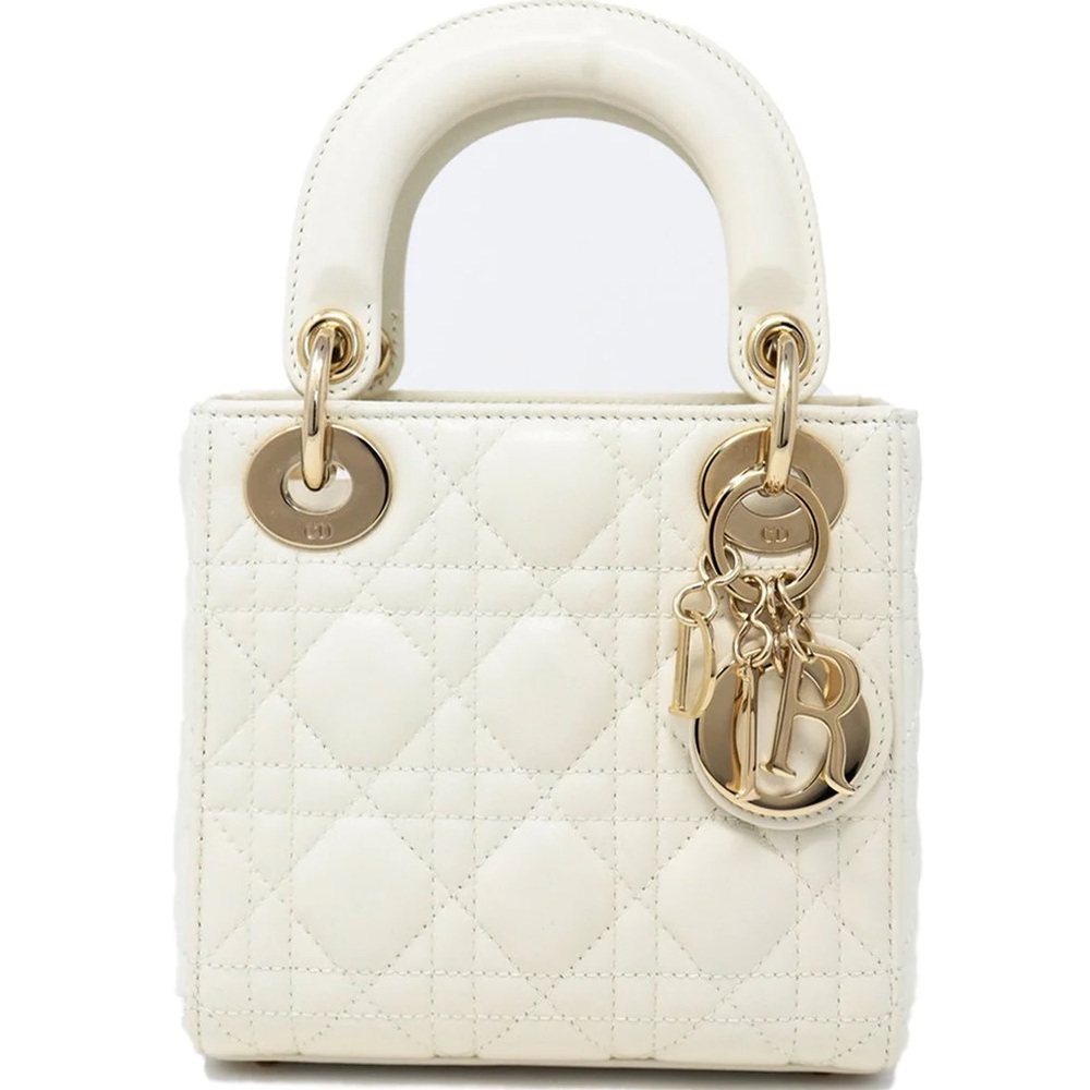 Dior White Quilted Lady Mini Tote with Gold Hardware
